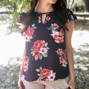 DNA Couture Navy Floral Ruffle Sleeve Top